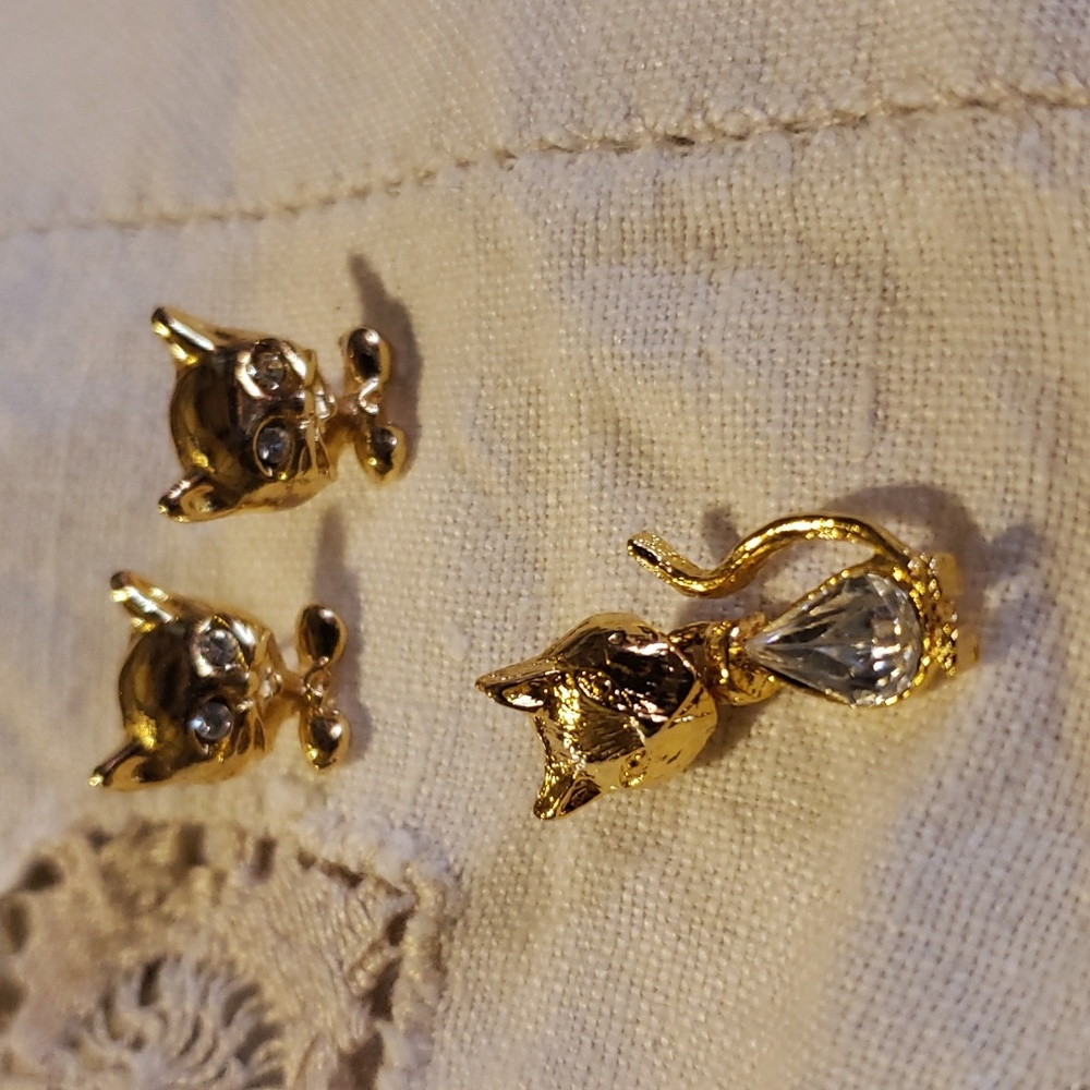 Gold-tone Rhinestone Cat Earrings and Movable Cat Pin - $5 Add-on